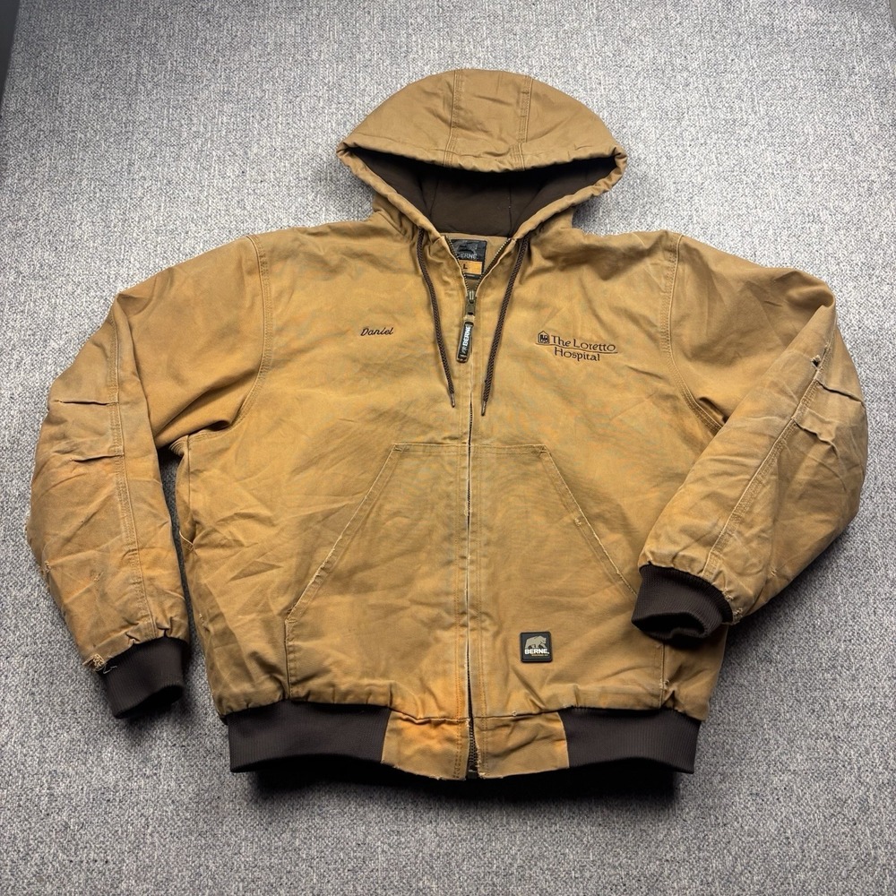 Berne Workwear Hooded Jacket Mens L Brown Duck Canvas Quilted Lined Work Coat